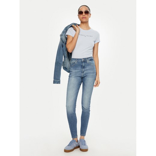 Tommy Jeans T-Shirt Linear DW0DW18398 Błękitny Slim Fit ze sklepu MODIVO w kategorii Bluzki damskie - zdjęcie 182701524