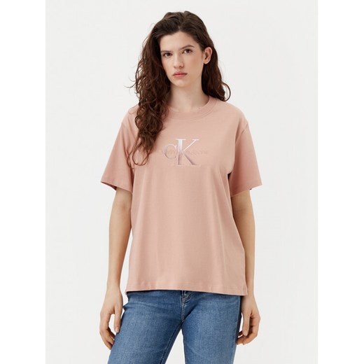 Calvin Klein Jeans T-Shirt Monologo J20J224798 Beżowy Relaxed Fit ze sklepu MODIVO w kategorii Bluzki damskie - zdjęcie 182704034