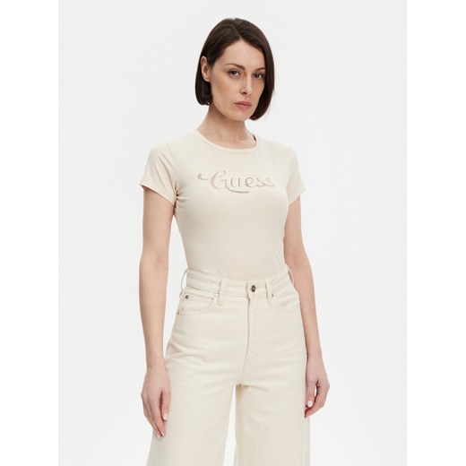 Guess T-Shirt W5GI47 KA0Q1 Écru Slim Fit ze sklepu MODIVO w kategorii Bluzki damskie - zdjęcie 182704050