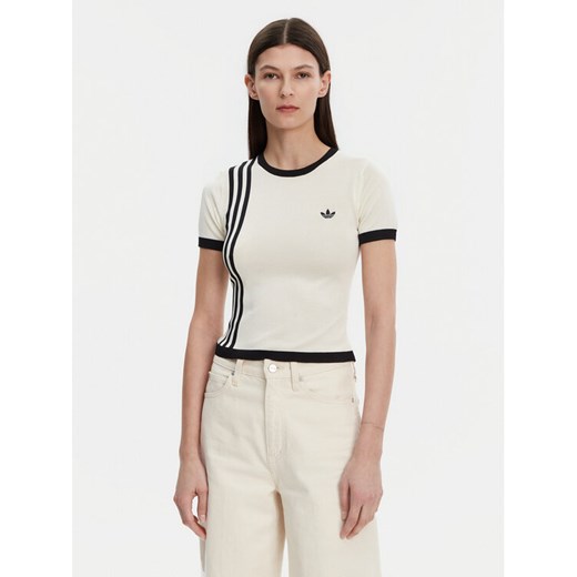 adidas T-Shirt Knitted 3-Stripes JJ0961 Beżowy Slim Fit ze sklepu MODIVO w kategorii Bluzki damskie - zdjęcie 182715512