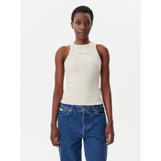 Calvin Klein Jeans Top Monologo J20J225301 Beżowy Slim Fit ze sklepu MODIVO w kategorii Bluzki damskie - zdjęcie 182715534