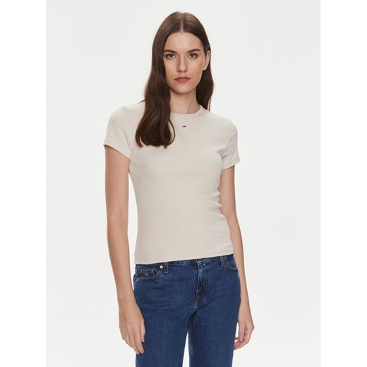 Tommy Jeans T-Shirt Essential DW0DW17383 Beżowy Slim Fit ze sklepu MODIVO w kategorii Bluzki damskie - zdjęcie 182718272