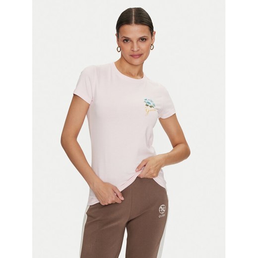 Guess T-Shirt Flowers W4YI30 J1314 Różowy Slim Fit ze sklepu MODIVO w kategorii Bluzki damskie - zdjęcie 182722012