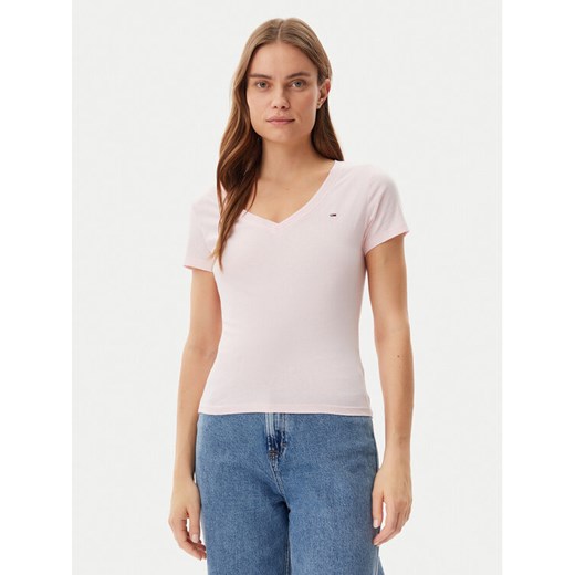 Tommy Jeans T-Shirt DW0DW20458 Różowy Slim Fit ze sklepu MODIVO w kategorii Bluzki damskie - zdjęcie 182725580
