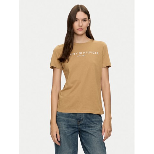 Tommy Hilfiger T-Shirt Logo WW0WW40276 Beżowy Regular Fit ze sklepu MODIVO w kategorii Bluzki damskie - zdjęcie 182727000