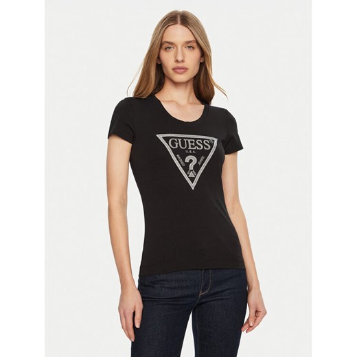 Guess T-Shirt SS CN SHINY TRIANGLE Czarny Shirt Fit ze sklepu MODIVO w kategorii Bluzki damskie - zdjęcie 182736540