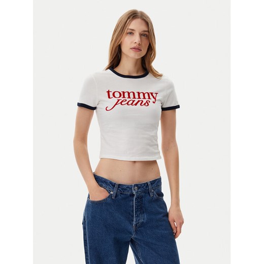 Tommy Jeans T-Shirt Script Ringer DW0DW20631 Écru Slim Fit ze sklepu MODIVO w kategorii Bluzki damskie - zdjęcie 182740904