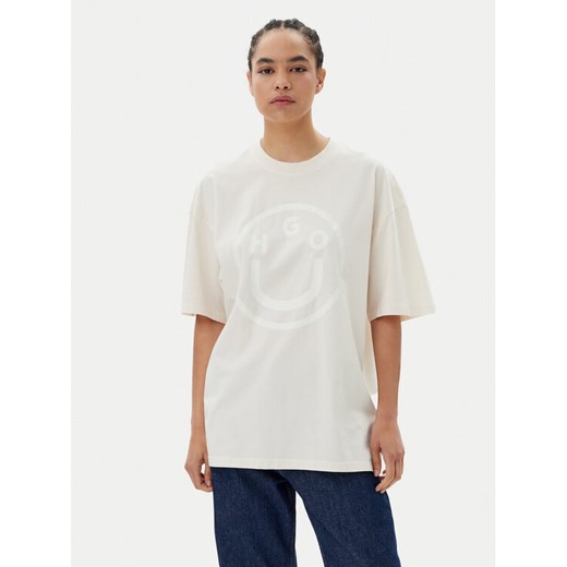 HUGO T-Shirt 50511471 Beżowy Oversize ze sklepu MODIVO w kategorii Bluzki damskie - zdjęcie 182744460