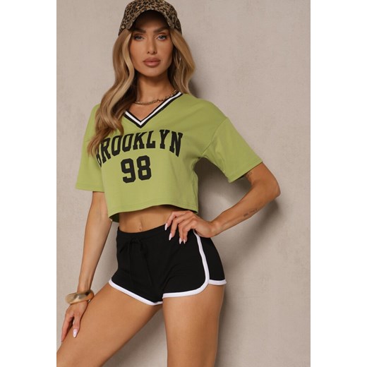 Zielony T-shirt z Bawełny Ozdobiony Napisem Lireline ze sklepu renee.pl w kategorii Bluzki damskie - zdjęcie 183545472
