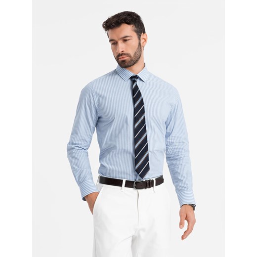 Męska koszula bawełniana REGULAR FIT w pionowe paski - błękitno-biała OM-SHOS-0155 ze sklepu ombre w kategorii Koszule męskie - zdjęcie 183552994
