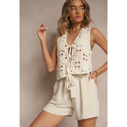 Beżowe Szorty High Waist z Ozdobnym Wiązaniem i Gumką w Pasie Mevalena ze sklepu renee.pl w kategorii Szorty - zdjęcie 183561330