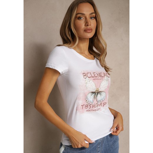 Biały T-shirt z Bawełny Ozdobiony Cyrkoniami i Motylem Uliadwena Renee S wyprzedaż renee.pl