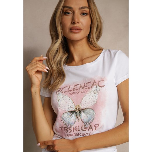 Biały T-shirt z Bawełny Ozdobiony Cyrkoniami i Motylem Uliadwena Renee L renee.pl okazja