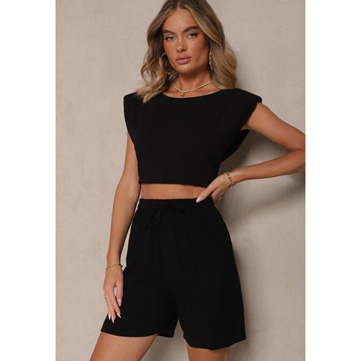 Czarne Wiskozowe Szorty Bermudy High Waist z Lnem Dorotella ze sklepu renee.pl w kategorii Szorty - zdjęcie 183570170