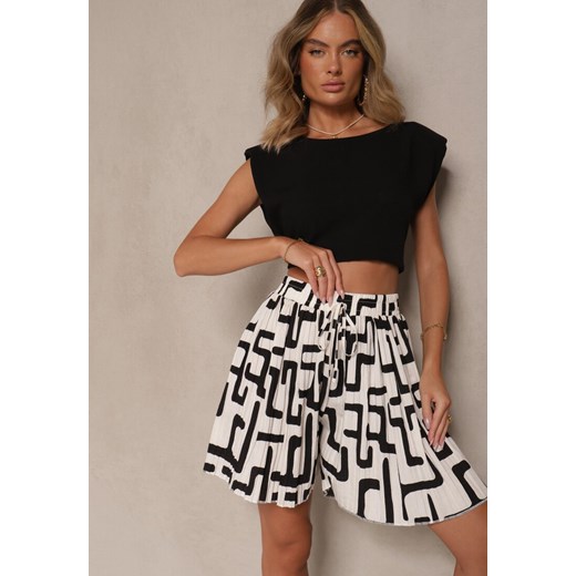 Czarno-Białe Szorty z Wiskozy High Waist Ozdobione Geometrycznym Wzorem Lirazea ze sklepu renee.pl w kategorii Szorty - zdjęcie 183572572