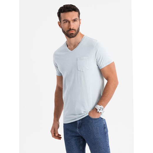 Męski bawełniany t-shirt V-neck z dzianiny z efektem sprania - szary V8 OM-TSWT-0242 ze sklepu ombre w kategorii T-shirty męskie - zdjęcie 183574921