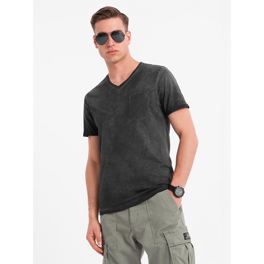 Męski bawełniany t-shirt V-neck z dzianiny z efektem sprania - czarny V6 OM-TSWT-0242 ze sklepu ombre w kategorii T-shirty męskie - zdjęcie 183574932