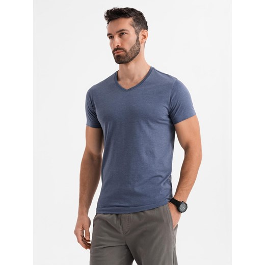 Męska klasyczna bawełniana koszulka z dekoltem w serek BASIC – niebieski melanż V18 OM-TSBS-0237 ze sklepu ombre w kategorii T-shirty męskie - zdjęcie 183574974