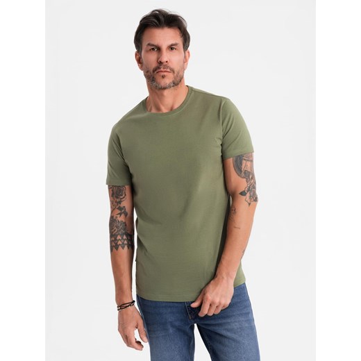 T-shirt męski klasyczny bawełniany BASIC - khaki V6 OM-TSBS-0236 ze sklepu ombre w kategorii T-shirty męskie - zdjęcie 183575041