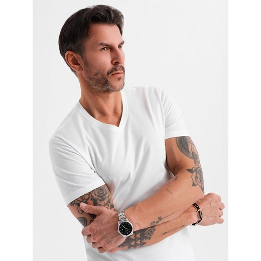 Klasyczna męska bawełniana koszulka z dekoltem w serek BASIC – biała V4 OM-TSBS-0237 ze sklepu ombre w kategorii T-shirty męskie - zdjęcie 183575230