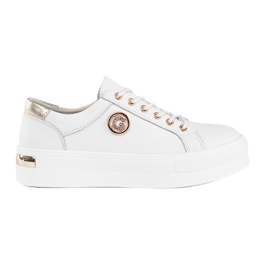 Goodin Białe skórzane sneakersy na grubej podeszwie ze sklepu ButyModne.pl w kategorii Buty sportowe damskie - zdjęcie 183597832