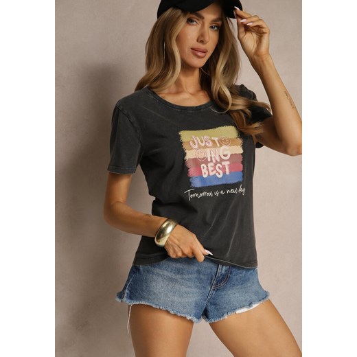Czarny T-shirt z Bawełny z Nadrukiem Inaren ze sklepu renee.pl w kategorii Bluzki damskie - zdjęcie 183606332