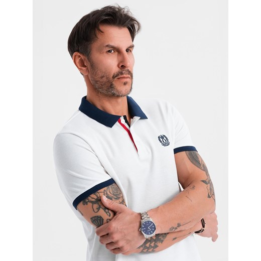Męska koszulka polo z kolorowymi akcentami – biała V2 OM-POSS-0105 ze sklepu ombre w kategorii T-shirty męskie - zdjęcie 183610641