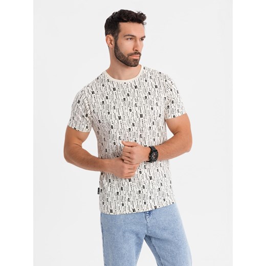 Koszulka bawełniana z nadrukiem i okrągłym dekoltem – kremowa V1 OM-TSFP-0225 ze sklepu ombre w kategorii T-shirty męskie - zdjęcie 183616382