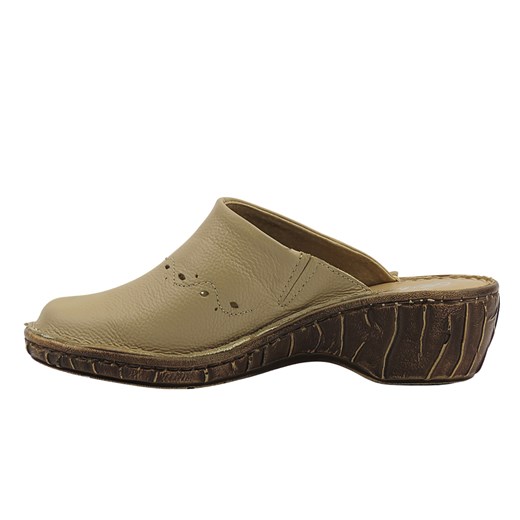 Klapki damskie brązowe Helios Komfort na koturnie casual skórzane na lato 