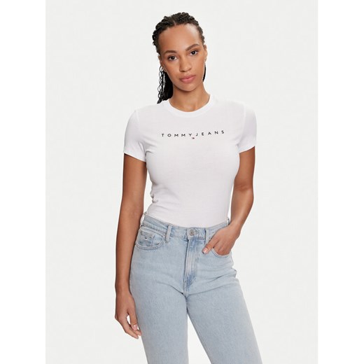 Tommy Jeans T-Shirt Linear DW0DW18398 Biały Slim Fit ze sklepu MODIVO w kategorii Bluzki damskie - zdjęcie 183620404