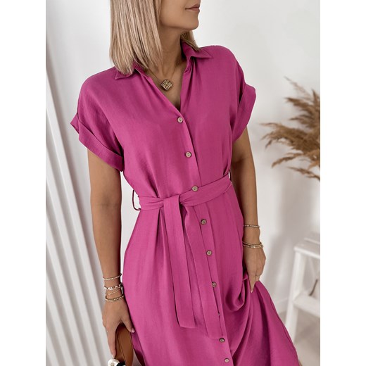 Sukienka z dekoltem w literę v różowa z krótkimi rękawami 