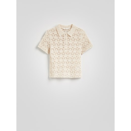 Reserved - Ażurowa koszulka polo - beżowy Reserved M Reserved