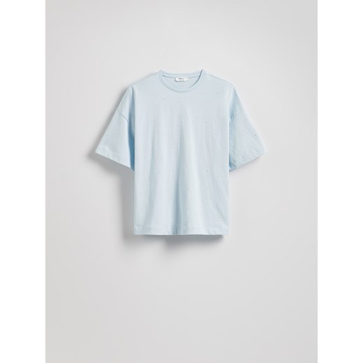 Reserved - T-shit z biżuteryjnymi aplikacjami - jasnoniebieski Reserved XS Reserved