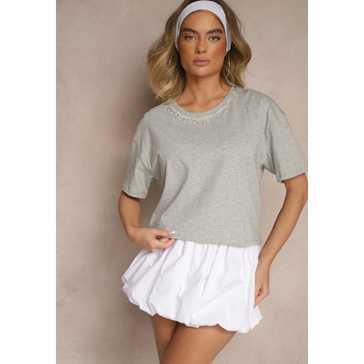 Szary T-shirt z Bawełny z Cyrkoniami Fadeola ze sklepu renee.pl w kategorii Bluzki damskie - zdjęcie 183643840