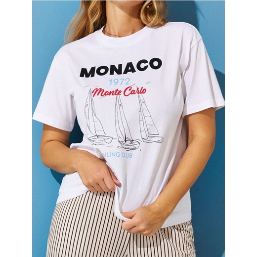 Sinsay - Bawełniana koszulka z nadrukiem wakacyjnym Monaco - biały ze sklepu Sinsay w kategorii Bluzki damskie - zdjęcie 183647182