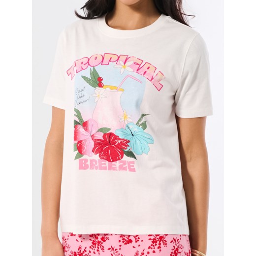 Sinsay - Bawełniana koszula z nadrukiem wakacyjnym - kremowy Sinsay S Sinsay