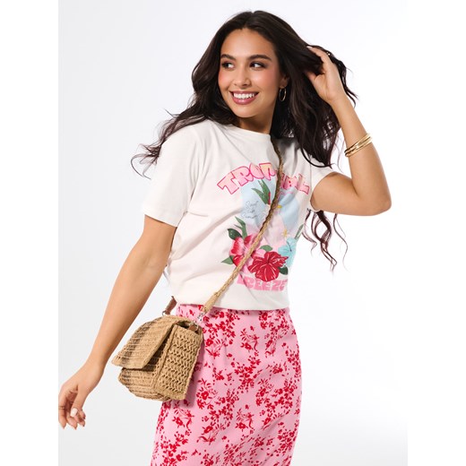 Sinsay - Bawełniana koszula z nadrukiem wakacyjnym - kremowy Sinsay S Sinsay