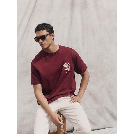 Reserved - T-shirt boxy z haftem - ciemnofioletowy Reserved S Reserved