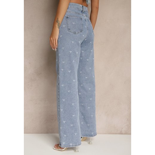 Niebieskie Jeansy High Waist z Szeroką Nogawką i Nadrukiem w Kokardki Folirela Renee L okazyjna cena renee.pl