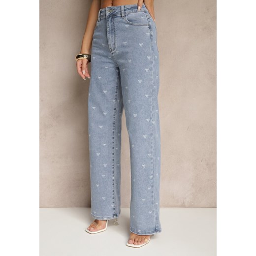 Niebieskie Jeansy High Waist z Szeroką Nogawką i Nadrukiem w Kokardki Folirela Renee S okazja renee.pl