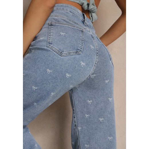 Niebieskie Jeansy High Waist z Szeroką Nogawką i Nadrukiem w Kokardki Folirela Renee XL renee.pl wyprzedaż