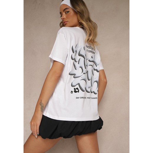 Biało-Niebieski T-shirt z Bawełny Ozdobiony Nadrukiem Adneria ze sklepu renee.pl w kategorii Bluzki damskie - zdjęcie 183663960