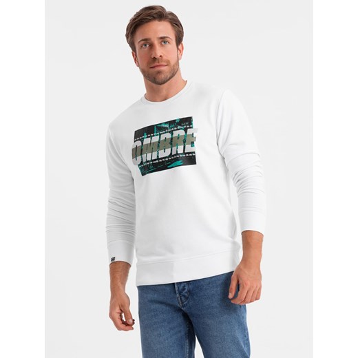 Męska bluza z nadrukiem zakładana przez głowę - biała V1 OM-SSPS-0156 ze sklepu ombre w kategorii Bluzy męskie - zdjęcie 183664443