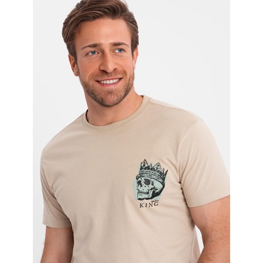 T-shirt męski bawełniany z nadrukiem na klatce piersiowej - beżowy V1 L okazja ombre