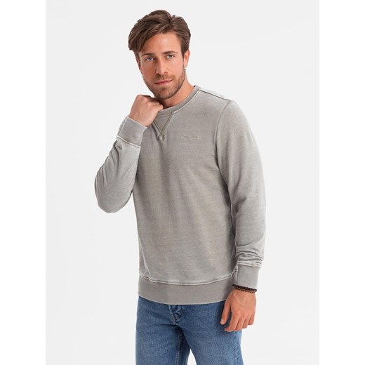 Washowana bluza męska z ozdobnym przeszyciem przy dekolcie - beżowa V2 OM-SSDS-0131 ze sklepu ombre w kategorii Bluzy męskie - zdjęcie 183664564