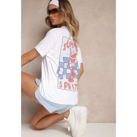 Biało-Niebieski T-shirt Oversize z Bawełny Ozdobiony Nadrukiem Filiora ze sklepu renee.pl w kategorii Bluzki damskie - zdjęcie 183665360