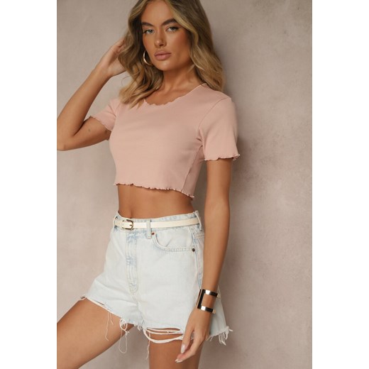 Ciemnoróżowy T-shirt z Bawełną z Prążkowanej Dzianiny Adlesse ze sklepu renee.pl w kategorii Bluzki damskie - zdjęcie 183665380