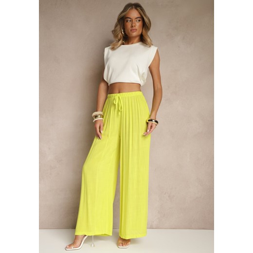 Żółte Szerokie Spodnie High Waist z Gumką w Talii Ilnena ze sklepu renee.pl w kategorii Spodnie damskie - zdjęcie 183665420