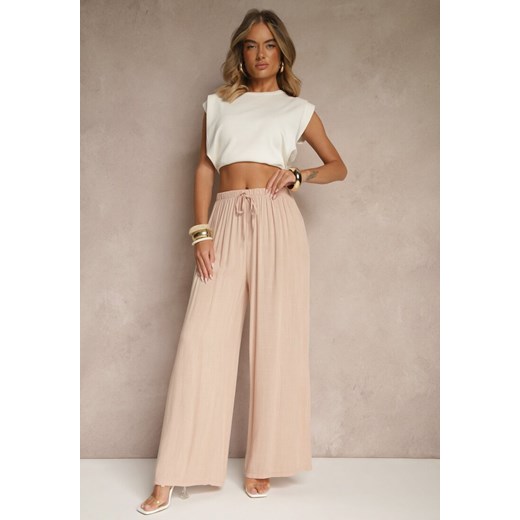 Jasnoróżowe Szerokie Spodnie High Waist z Gumką w Talii Ilnena ze sklepu renee.pl w kategorii Spodnie damskie - zdjęcie 183665470