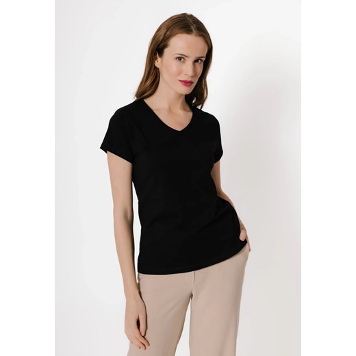 Czarny bawełniany t-shirt w serek ze sklepu Molton w kategorii Bluzki damskie - zdjęcie 183667010